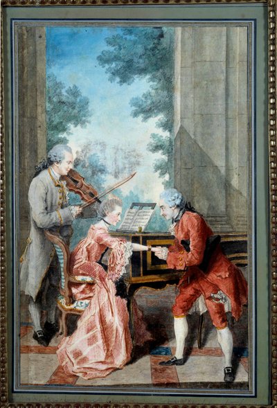 Mademoiselle Delou, Monsieur Philippe og Monsieur de Texier En gentleman hylder en ung pianist. Akvarel af Louis Carrogis, dit Carmontelle (1717-1806) Paris fra det 18. århundrede, Musee Carnavalet - Mademoiselle Delou, Monsieur Philippe og Monsieur d. af Carmontelle