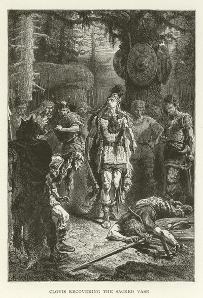 Clovis gendanner den hellige vase (gravering) af (after) American School