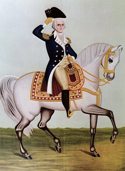 George Washington til hest (farve litho) af (after) American School