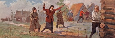 En sovjetisk agronomi-instruktør, der annoncerer sin ankomst til en landsby ved at affyre sin revolver i luften (farve litho) af (after) Carrey