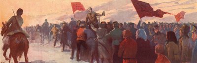 Skare af tilhængere af den russiske revolutionære leder Alexander Kerensky (farve litho) af (after) Carrey