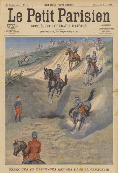 Fransk kavaleri øver sig i hurtige stejle nedstigninger på hesteryg (farve litho) af (after) Carrey
