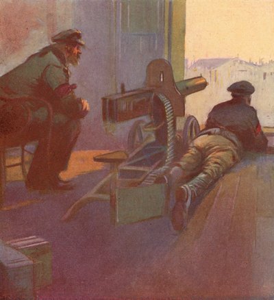 Røde vagter med et maskingevær peger ud af vinduet i en bygning, den russiske revolution af (after) Carrey