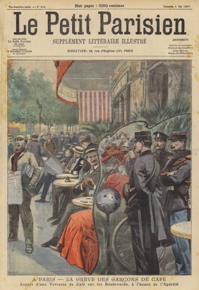 Strejke af cafétjenere i Paris (farve litho) af (after) Carrey