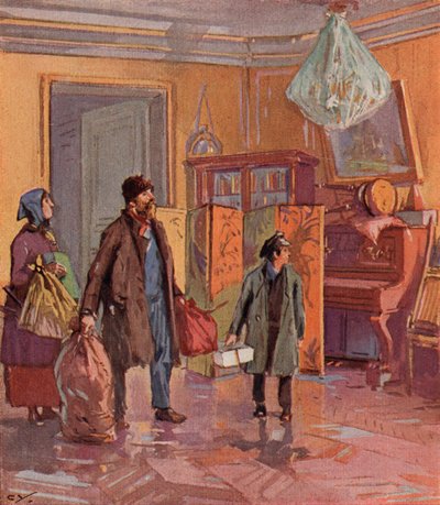 Russisk arbejderfamilie i besiddelse af en borgerlig lejlighed efter revolutionen (farve litho) af (after) Carrey