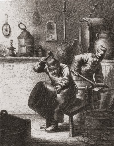 Kobbersmede på arbejde i det 17. århundrede (tryk) af (after) Dutch School