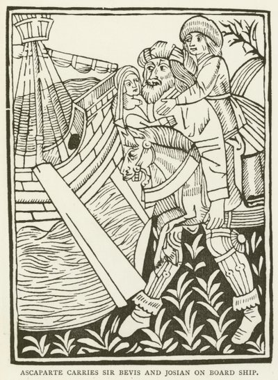 Ascaparte bærer Sir Bevis og Josian om bord på skibet (gravering) af (after) English School
