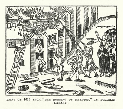 Print fra 1613 fra "The Burning of Tiverton" i Bodleian Library (litho) af (after) English School