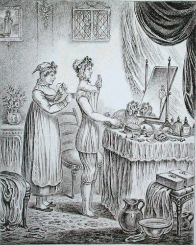 Progress of the Toilet: the Stays, ætset af James Gillray (1757-1815) udgivet af Hannah Humphrey i 1810 (ætsning) af (after) English School