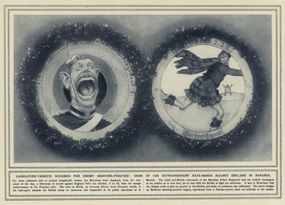 Karikatur-mål designet til fjendens skydeøvelser, tegn på den ekstraordinære had-mani mod England i Bayern (s/h foto) af (after) English photographer