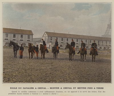 Rytterskolen til hest, ridning og afstigning (farvet foto) af (after) French Photographer