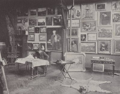 Fransk maler Alfred Philippe Roll i sit atelier (s/h foto) af (after) French Photographer