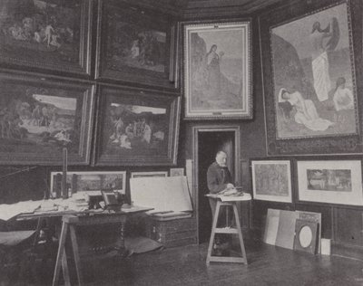 Fransk maler Pierre Puvis de Chavannes i sit atelier (s/h foto) af (after) French Photographer