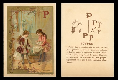 Børn, der leger med dukker (chromolitho) af (after) French School