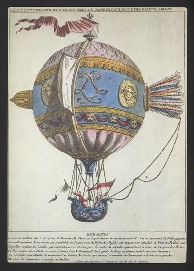 Design til en ballon med en diameter på 120 fod for at lave en opstigning fra Dijon (farvet gravering) af (after) French School
