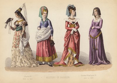 Mode i Frankrig: Charles VI 1395 til 1422; Charles VII og Louis XI 1422 til 1483 (koloreret stik) af (after) French School