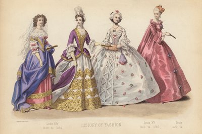 Mode i Frankrig: Louis XIV 1668 til 1694; Louis XV 1720 til 1760; Louis 1720 til (koloreret stik) af (after) French School