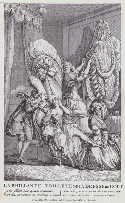 Fransk tegneserie, der viser tidens kvindefrisurer af (after) French School