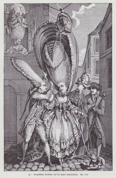 Fransk tegneserie, der viser tidens kvindefrisurer af (after) French School