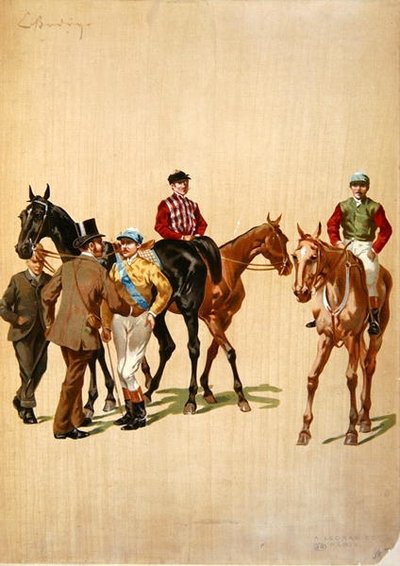 Jockeyer på væddeløbsbanen, ca. 1875 (farvelitografi) af (after) French School