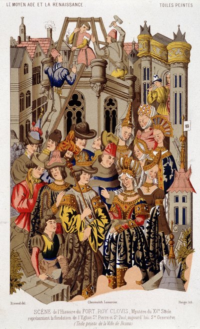 Scene af Fort Roy de Clovis historie. Mysteriet fra det 15. århundrede, der repræsenterer grundlaget for kirken St. Peter og St. Paul, i dag Saint Genevieve. (fra) Malet lærred af byen Reims. af (after) French School