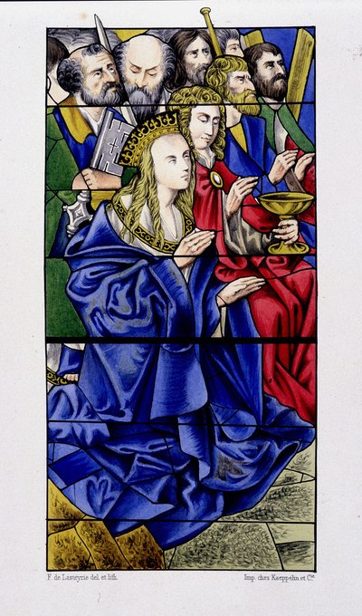 Jomfruen omgivet af apostlene - repro. af et farvet glas af St Vincent de Rouen kirken af (after) French School