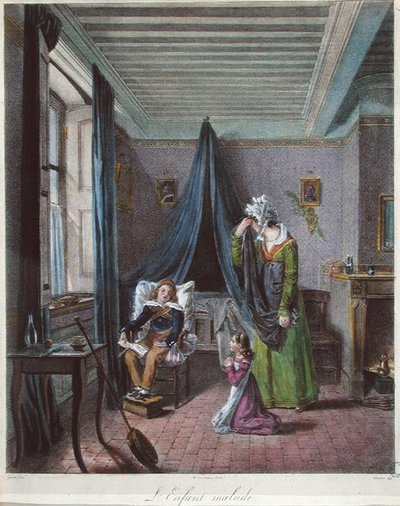 Det syge barn, ca. 1820 (farve litho) af (after) Genot