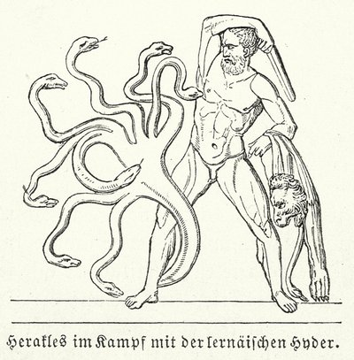 Herakles kæmper mod den lernæiske hydra (kobberstik) af (after) German School