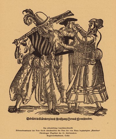 Jaloux kvinde skærer næsen af en rival om en landsknægts gunst (kobberstik) af (after) German School