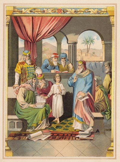 Jesus med de ældste i templet (farvelitografi) af (after) German School