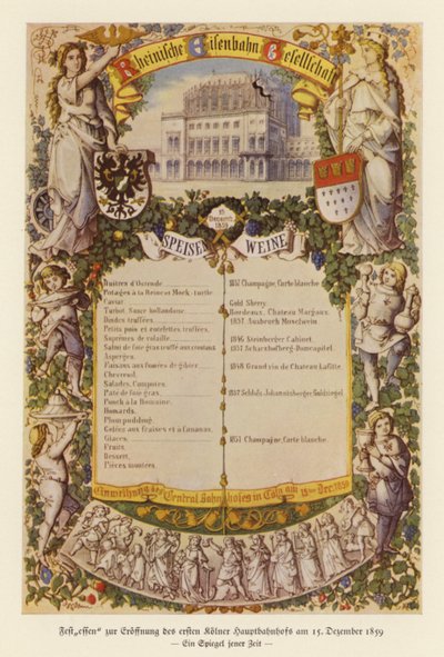 Menu til en banket i anledning af åbningen af den første jernbanestation i Köln af (after) German School