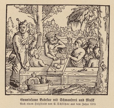 Blandet spa-badning med fest og musik (træsnit) af (after) German School