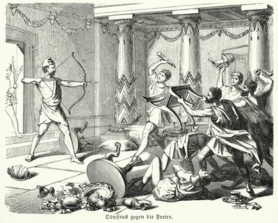 Odysseus dræber Penelopes bejlere (kobberstik) af (after) German School