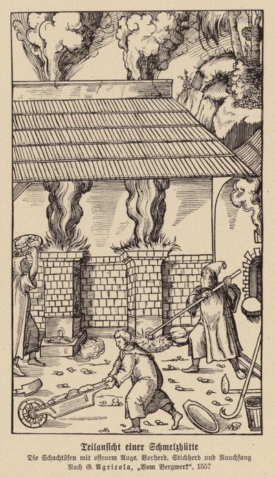 Delvist billede af et smelteværk (træsnit) af (after) German School