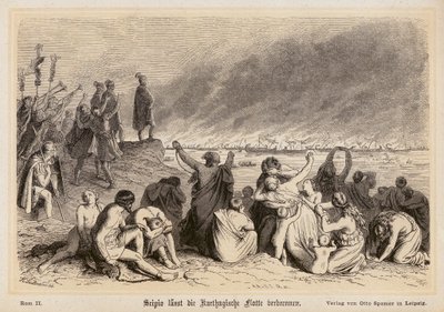 Scipio Africanus brænder den karthagiske flåde (stik) af (after) German School