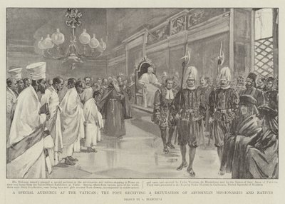 Et særligt publikum i Vatikanet, paven modtager en deputation af abessiniske missionærer og indfødte (litho) af (after) Italian School