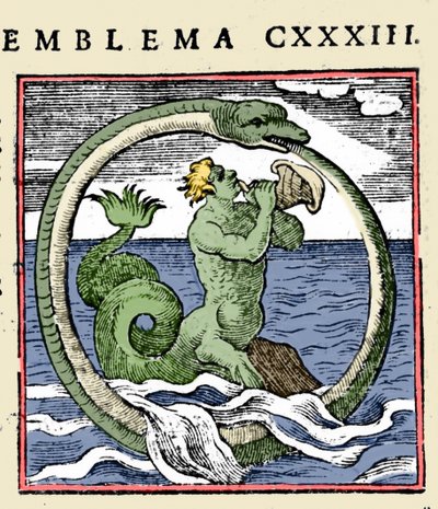 En triton og en ouroboros, illustration "Emblemer" (Emblemer af hæftet) af Andrea Alciati (farve litho) af (after) Italian School