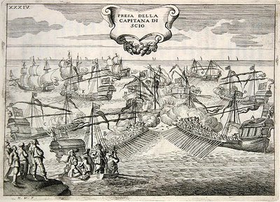 Galeoner og Galeasses kæmper: tilfangetagelse af kaptajnen på øen Chios, illustration fra 