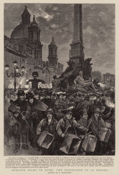 Tolvte nat i Rom, processionen af La Befana (gravering) af (after) Italian School