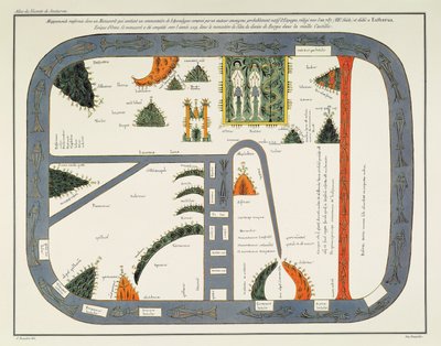 Kort over verden, fra et manuskript af en kommentar til apokalypsen, skrevet ca. 787 og kopieret ca. 1109 i klostret Silos, Burgos, Spanien (litho) af (after) Spanish School