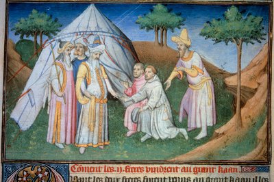 Brødrene Nicolo og Matteo Polo, far og onkel til den unge Marco Polo (1254-1324), blev modtaget ved hoffet af den store Qubilai (Kubilai Khan, første kejser af det mongolske Yuan-dynasti (1215-1294), mongolsk kejser i 1271)". Miniature taget fra " af (and workshop) Boucicaut Master