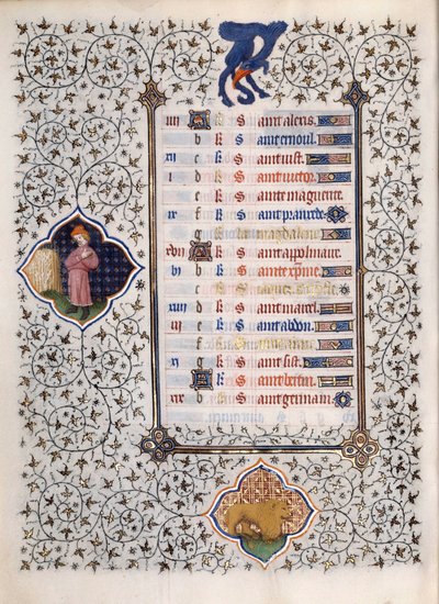 Side af manuskriptet "" Les Tres Riches Hours du Duke Francois de Guise"" oplyst af Mesteren af Boucicaut: repræsentation af stjernetegnene og scener i det daglige liv: løven. 15. århundrede. Musee Conde, Chantilly af (and workshop) Boucicaut Master