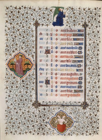Side af manuskriptet "" Les Tres Riches Hours du Duke Francois de Guise"" oplyst af Mesteren af Boucicaut: repræsentation af stjernetegn og scener i hverdagen: ædelstene. 1400-tallet. Musee Conde, Chantilly af (and workshop) Boucicaut Master