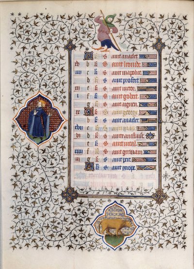 Side af manuskriptet "" Les Tres Riches Hours du Duke Francois de Guise"" oplyst af Mesteren af Boucicaut: repræsentation af stjernetegnene og scener i hverdagen: Tyren. 1400-tallet. Musee Conde, Chantilly af (and workshop) Boucicaut Master