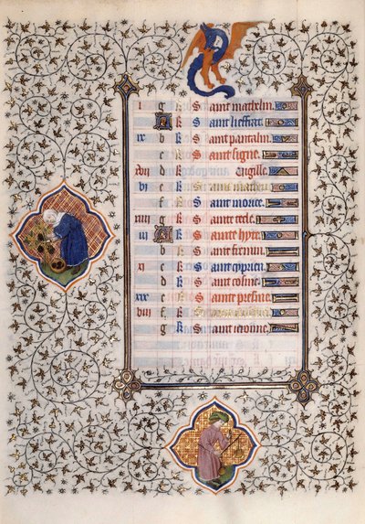 Side af manuskriptet "Les Tres Riches Hours du Duke Francois de Guise" belyst af mesteren af Boucicaut: fremstilling af stjernetegn og landbrugsarbejde: balance og høst. Det 15. århundrede. Musee Conde, Chantilly af (and workshop) Boucicaut Master
