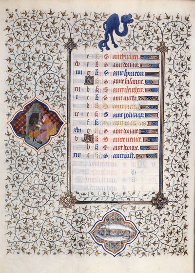 Side af manuskriptet "" Les Tres Riches Hours du Duke Francois de Guise"" oplyst af Mesteren af Boucicaut: en repræsentation af stjernetegnene og scener i hverdagen: fisk og en mand, der varmer op foran en skorsten. 1400-tallet. Muse af (and workshop) Boucicaut Master