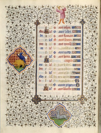 Side af manuskriptet "" Les Tres Riches Hours du Duke Francois de Guise"" oplyst af Mesteren af Boucicaut: repræsentation af stjernetegnene og scener i det daglige liv: Stenbukken og jagten på vildsvin. 15. århundrede. Musee Conde, C af (and workshop) Boucicaut Master