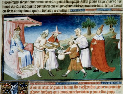 Qubilai (Kubilai Khan, første kejser af det mongolske Yuan-dynasti (1215-1294) betaler for sine indkøb med muriere miniature-barkmønter taget fra Marco Polos "The Book of Wonders"" ("" World Devisement", "" Il Milione"). illustreret af Master of Boucic af (and workshop) Boucicaut Master
