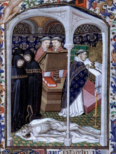 Scene med funebre ceremoni og makaber dans Miniature taget fra "Time Book" brugt i Paris" oplyst af Atelier du Maitre d Boucicaut, cirka 1415. Paris, B.N. af (and workshop) Boucicaut Master