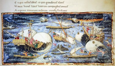 Sejlskibe, illustration til Aeneid, episk digt af Vergil (70-19 f.Kr.), miniature tilskrevet Apollonio di Giovanni (1415-1465) af (attr. to) Apollonio di Giovanni